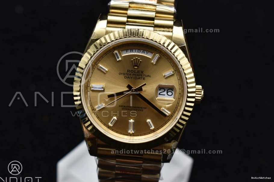 GMF 904L Diamond A3255 Gain YG 723 DayDate President On Weight GoAnywhere Markers Gold Dial Steel 40 V Bracelet 1021